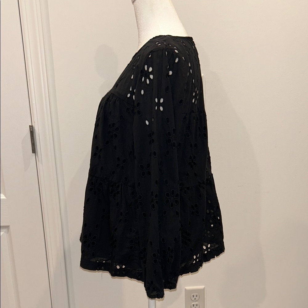 J.Crew Black Eyelet Tiered Popover Top, Size Small - Picture 3 of 8